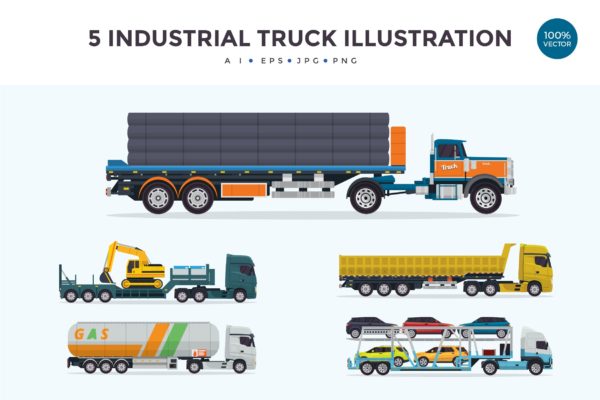 5个工业拖车/重型卡车矢量图形素材v2 5 Industrial Trailer Truck Vector Illustration 2