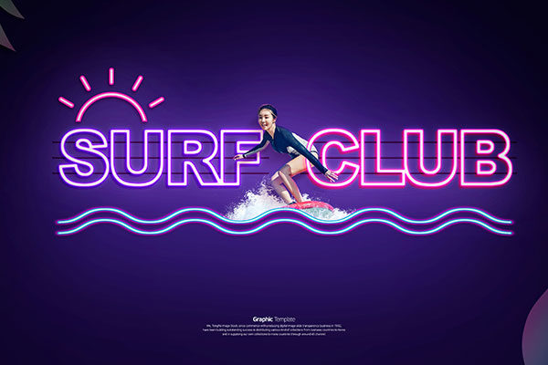 冲浪俱乐部教学培训网站霓虹灯广告Banner设计模板