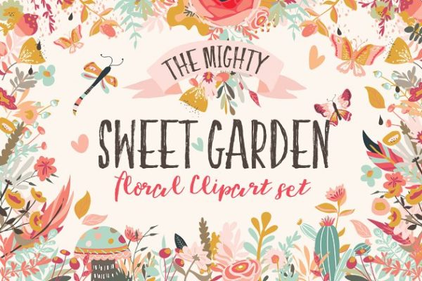 甜蜜花园水彩花卉设计元素集 Sweet Garden Floral Clipart Bundle