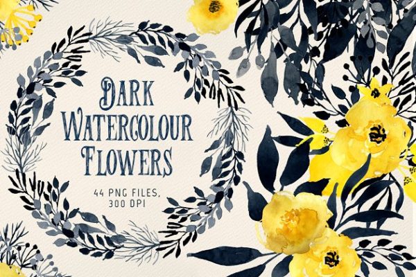黑色格调水彩花卉图案 Dark Watercolour Flowers