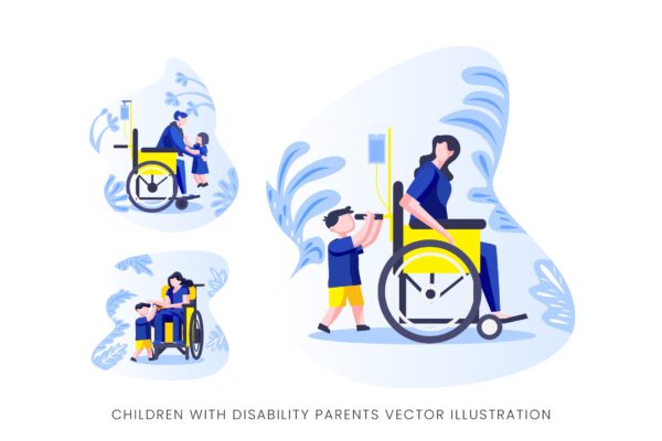 伤残人士与儿童人物形象素材中国精选手绘插画矢量素材 Children With Disability Parents Vector Character