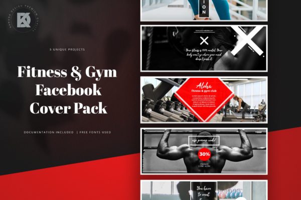 健身运动品牌Facebook封面设计模板素材天下精选 Fitness &amp; Gym Facebook Cover Pack