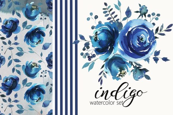 靛蓝水彩花卉剪贴画 Indigo Blue Watercolor Flowers Set