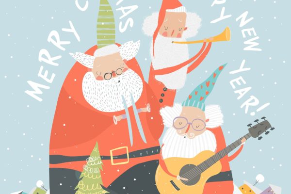 演奏乐器圣诞老人矢量手绘设计素材 Funny Santa Clauses playing musical instruments. V