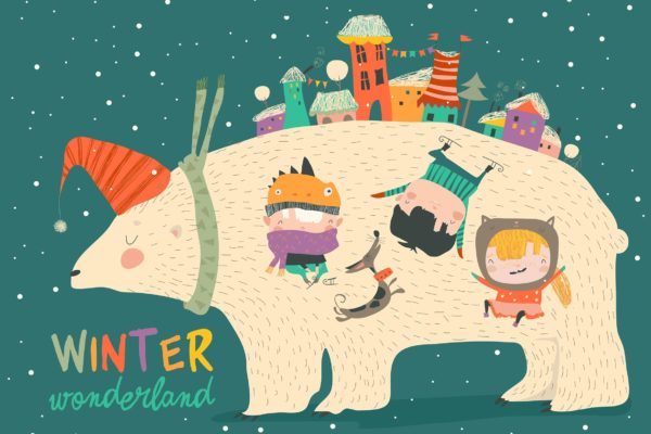 北极熊与小孩圣诞节主题矢量手绘设计素材 Cute kids celebrating Christmas with big polar bea