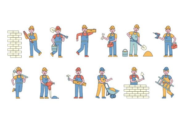 建筑工人人物形象线条艺术矢量插画16图库精选素材 Builders Lineart People Character Collection