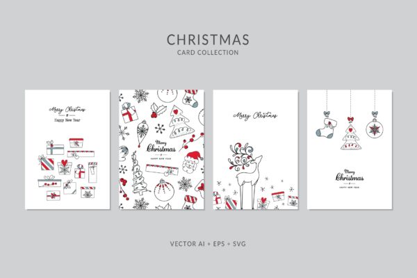 圣诞礼物手绘图案圣诞节贺卡矢量设计模板集v1 Christmas Greeting Card Vector Set