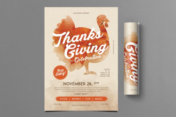 感恩节火鸡美食活动海报传单设计模板 Thanksgiving Flyer