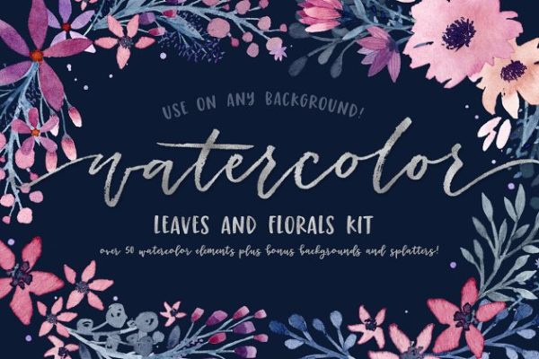 水彩叶子&amp;花卉剪贴画 Watercolor Leaves + Florals Kit