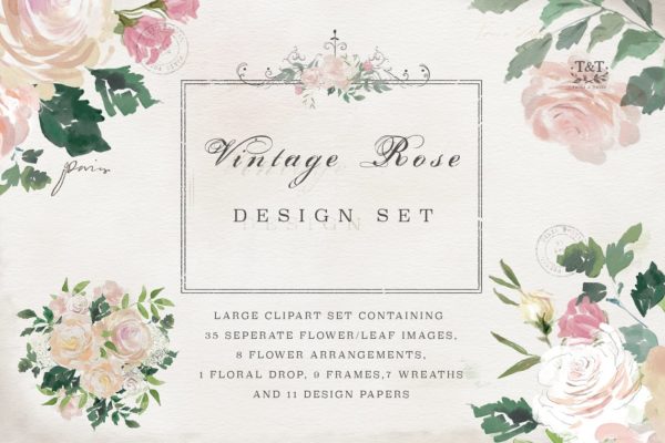复古水彩玫瑰花卉剪贴画 Vintage Rose &#8211; Flower Clipart Set