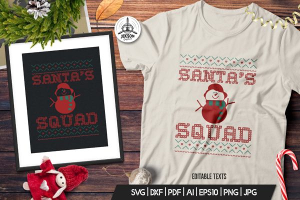 圣诞节主题T恤圣诞老人印花图案设计模板 Christmas Santa Squad Sweater T-Shirt. Xmas Design