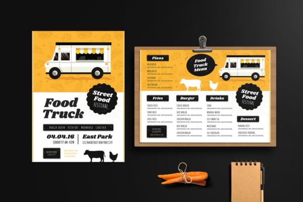食品快餐车传单＆菜单设计模板 Food Truck Festival Flyer &amp; Menu