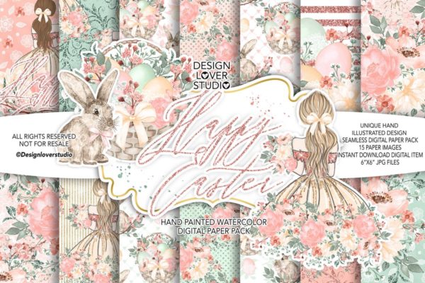 复活节快乐女孩水彩花卉剪贴画套装 Happy Easter Girl digital paper pack