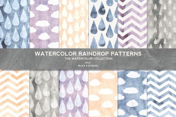 水彩雨滴图案背景素材 Watercolor Raindrop Digital Patterns