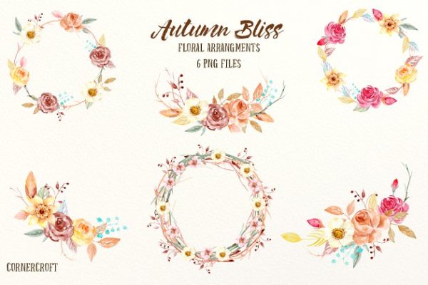 秋季氛围水彩插花花环装饰素材 Watercolor Fall Floral Arrangements