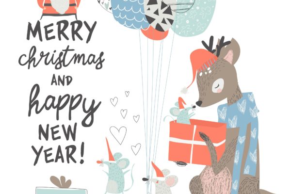 可爱卡通老鼠&amp;驯鹿绘图案圣诞节贺卡设计模板v1 Vector Greeting Christmas card with cute deer and