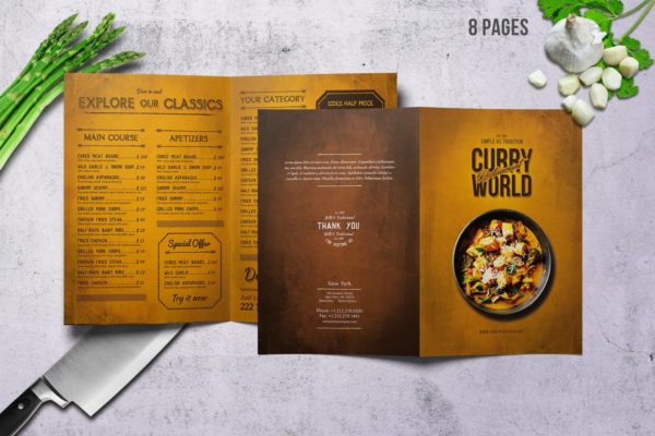 复古咖喱美食双折页菜单设计模板 Curry World Retro Bifold Menu A4 and US Letter