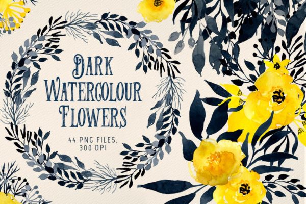 深色水彩花卉元素插画素材 Dark Watercolor Flowers
