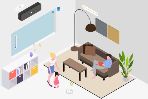 智能家居客厅等距概念图矢量插画 Smart Home Living Room Isometric Illustration