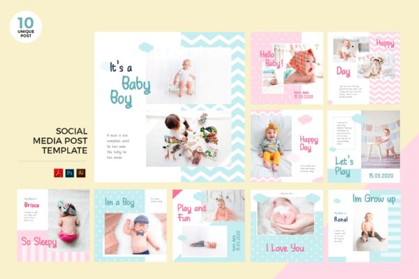 新生儿＆婴儿品牌推广社交媒体PSD＆AI模板16设计网精选 Newborn Baby Social Media Kit PSD &amp; AI Template