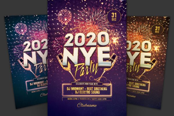 火树银花焰火背景2020新年倒数活动海报传单模板 New Year Flyer