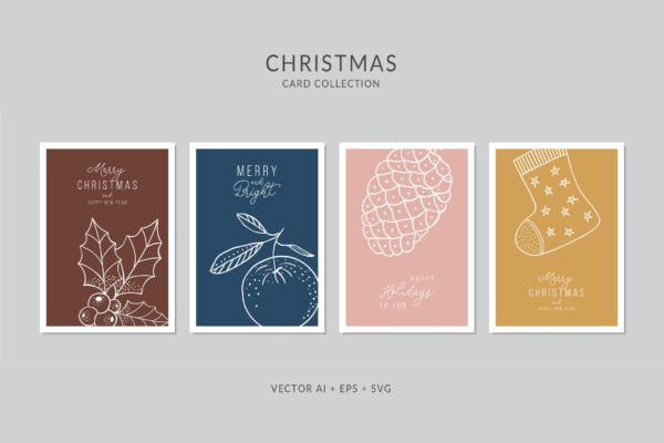 简笔画线条图案圣诞节矢量贺卡设计模板 Christmas Greeting Card Vector Set