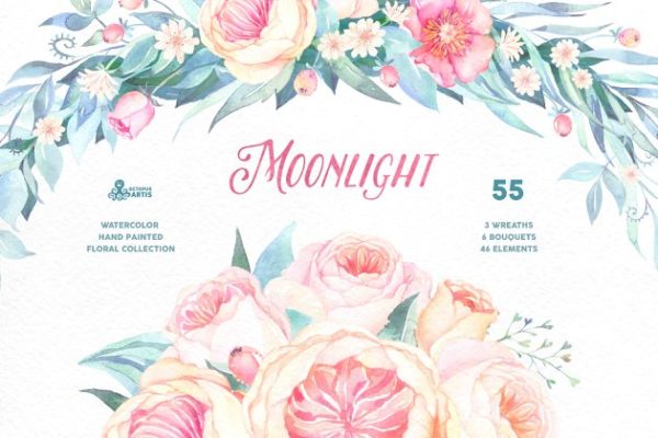 月色水彩花卉设计套装 Moonlight. Floral collection