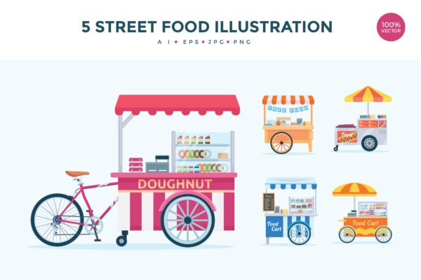 5个移动食品摊位/餐车矢量图形插画素材 5 Street Food Stall Vector Illustration Set