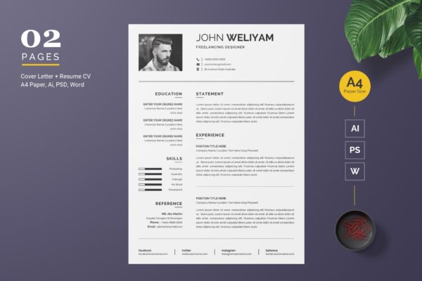 自由设计师现代风格简历排版模板 Modern Resume / CV Template
