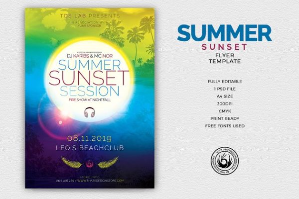 夏季海滩派对宣传单PSD模板 Summer Sunset Flyer PSD