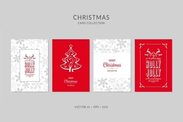 大红色和雪花背景圣诞节贺卡矢量设计模板 Christmas Greeting Card Vector Set