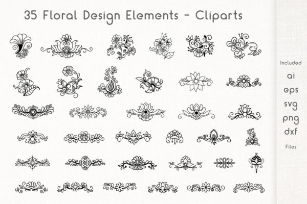 35个矢量手绘花卉设计元素剪贴画素材 Floral Design Elements &#8211; Cliparts