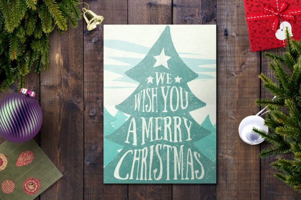 做旧设计风格圣诞树圣诞贺卡模板 Christmas Card Template