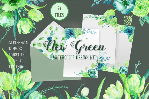 新绿色水彩主题设计插图套装 Watercolor Design Kit New Green