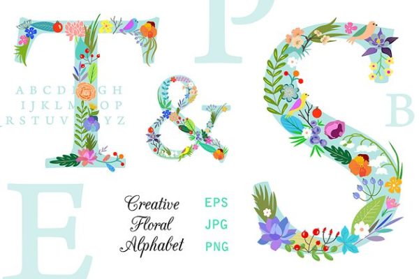 明亮花卉装饰字母素材 Bright Floral Alphabet. EPS and PNG