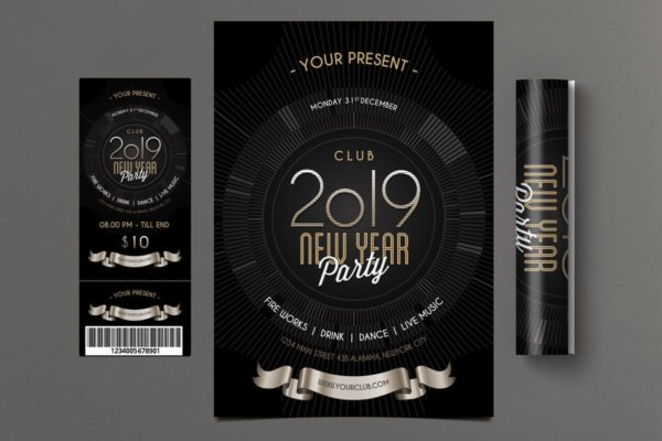 酷黑背景圆形线条图形2019新年海报设计模板 New Year Party 2019