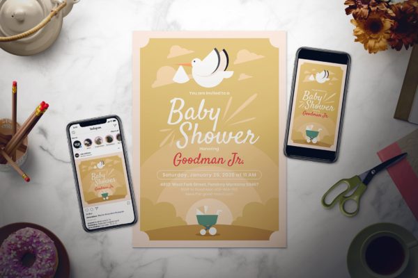 婴儿百日宴满月酒主题传单设计模板 Baby Shower Flyer Set