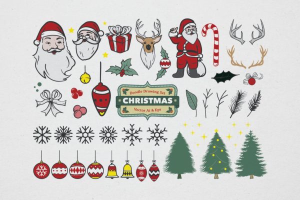 圣诞节主题矢量手绘设计素材[彩色风格] Christmas Drawing Coloring Set