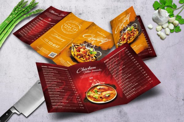 印度咖喱餐厅三折页食物菜单设计模板 Curry Indian Trifold Food Menu A4 &amp; US Letter