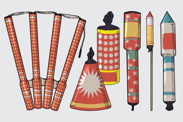 中国新年传统烟花手绘图案矢量素材 Vintage New Year Fireworks Drawing Set