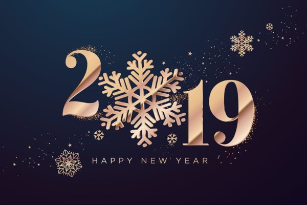 2019年新年金属样式创意字体贺卡海报设计模板 Happy New Year 2019