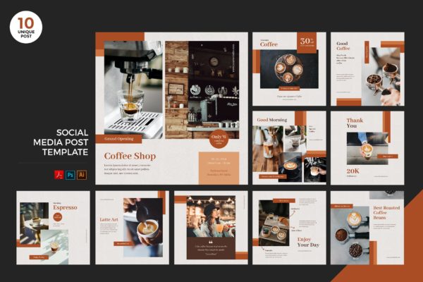 咖啡店社交媒体宣传推广设计素材包[PSD&amp;AI] Coffee Shop Social Media Kit PSD &amp; AI