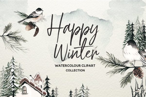 冬季元素水彩手绘剪贴画PNG素材 Winter Watercolor Collection