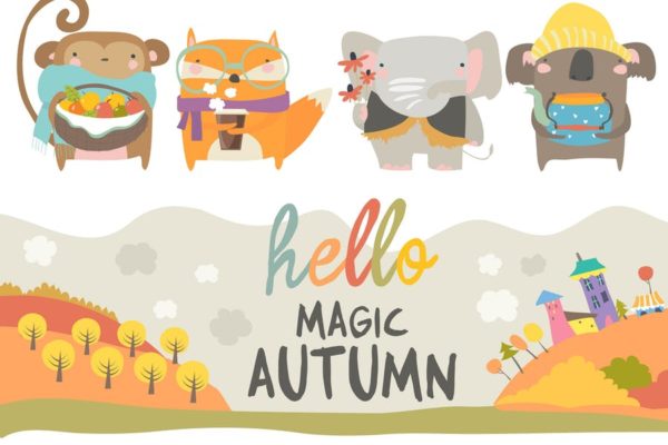 秋天主题可爱动物矢量插画素材 Vector set of cute animals with autumn theme
