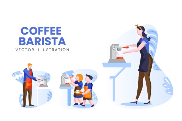 咖啡师人物形象素材中国精选手绘插画矢量素材 Coffee Barista Vector Character Set