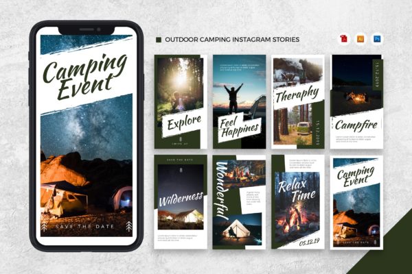 户外野营活动Instagram社交推广设计素材[AI&amp;PSD] Outdoor Camping Instagram Stories AI and PSD