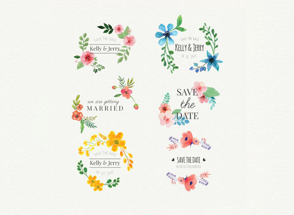 6个水彩婚礼标签 Floral watercolor wedding stickers set