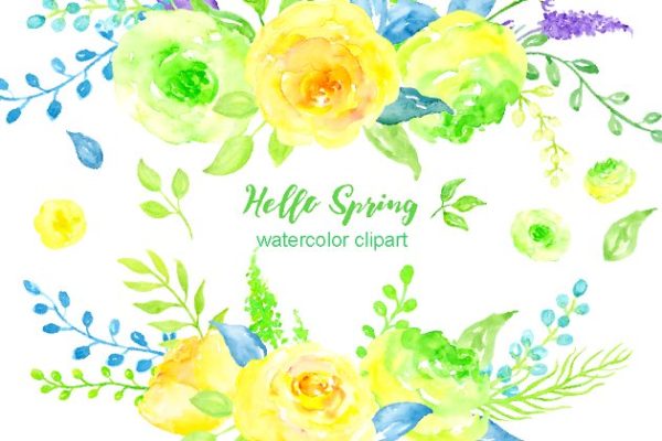 “您好，春天”-水彩花卉剪贴画 Watercolor Clipart Hello Spring