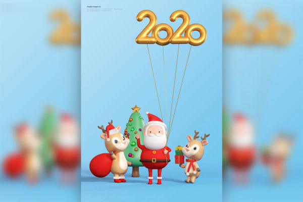 圣诞老人&#038;麋鹿3D卡通元素圣诞海报设计素材
