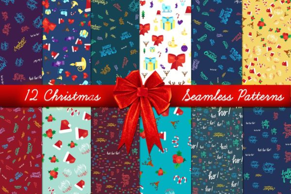 12款圣诞节气氛无缝图案设计素材 Xmas Seamless Patterns Set